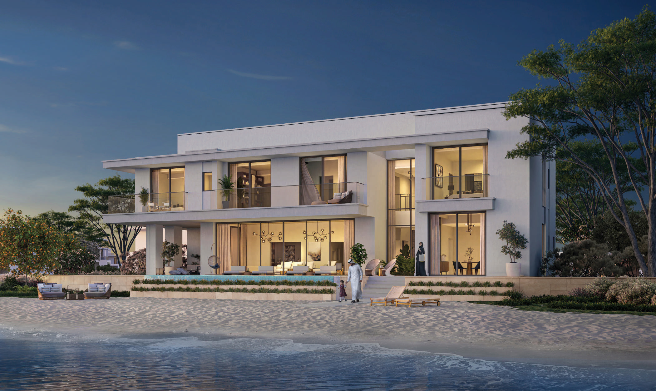 Ramhan Island villa exterior at dusk