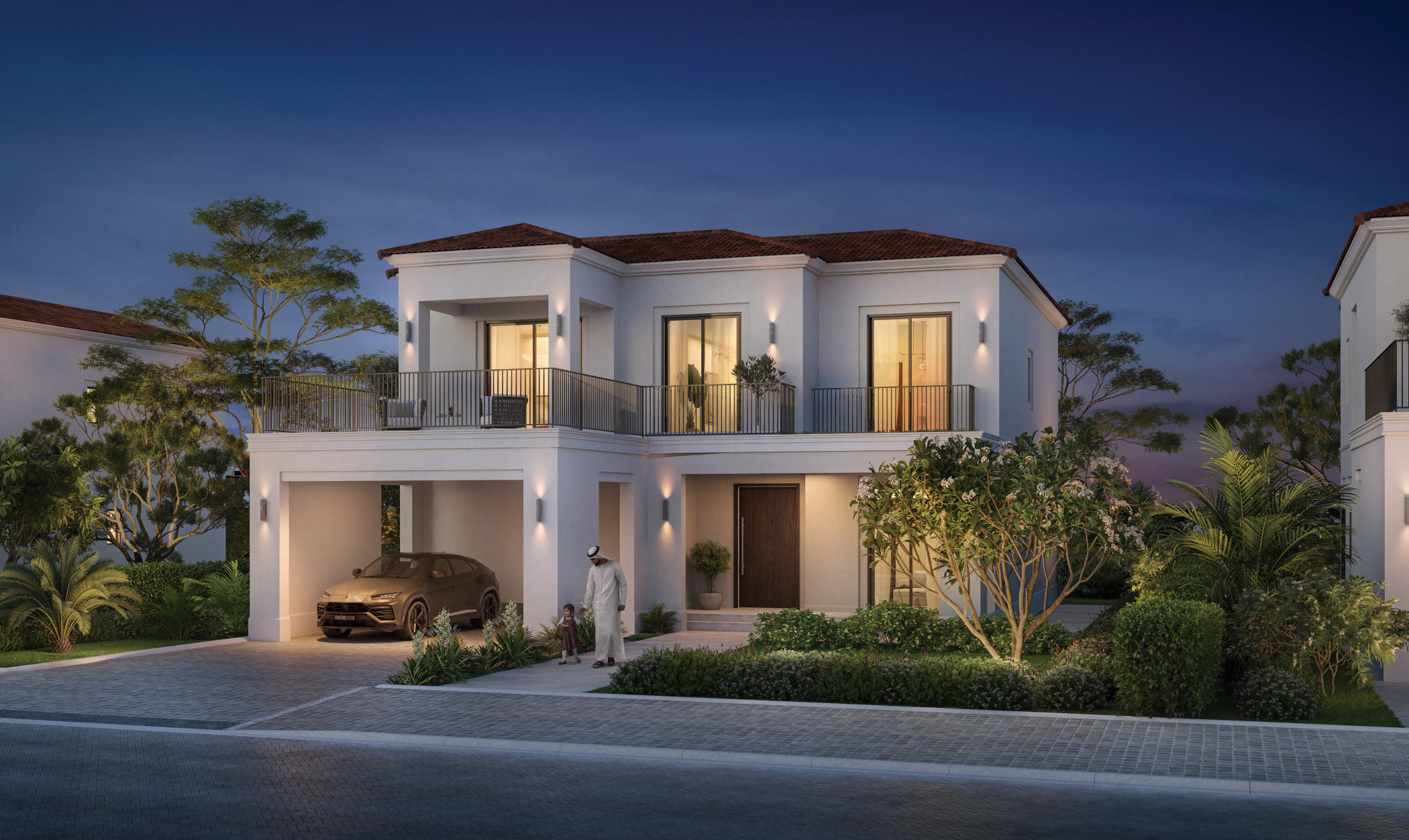 Modern villa facade at night